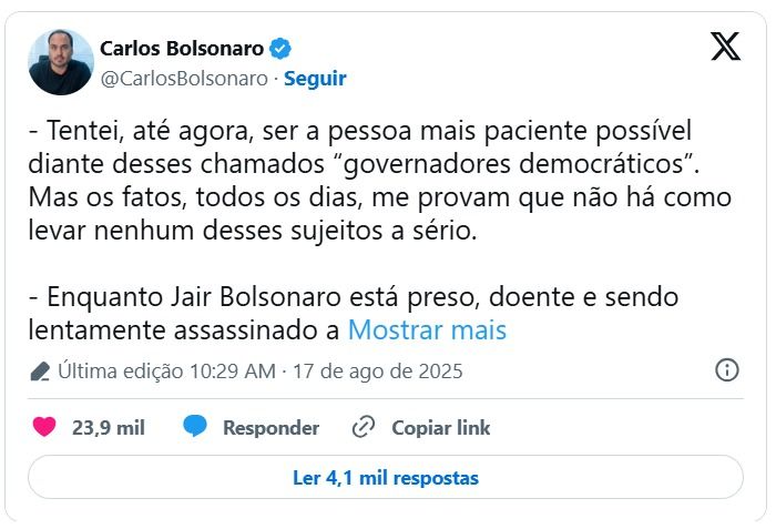 Carlos Bolsonaro ataca governadores de direita e os chama de ratos