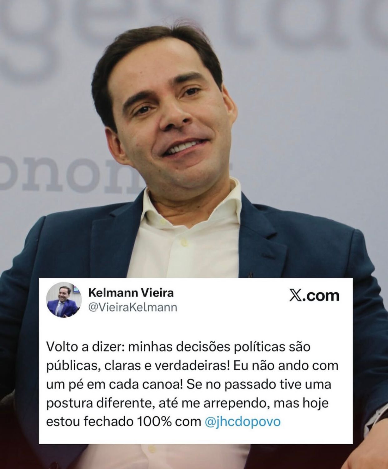 Kelmann Vieira diz que passou a incomodar após apoiar JHC e admite “erro político” no passado
